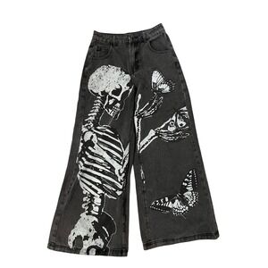 Skeleton Butterfly Graphic Wide Leg Jeans Grunge Emo Gothic‎ Style